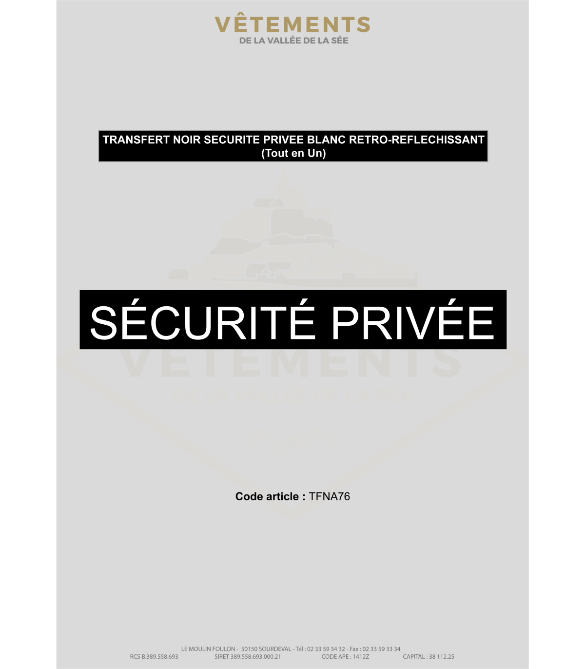 Lot de 50 TRANSFERT NOIR SECURITE PRIVEE BLANC RETRO-REFLECHISSANT (tout en un)