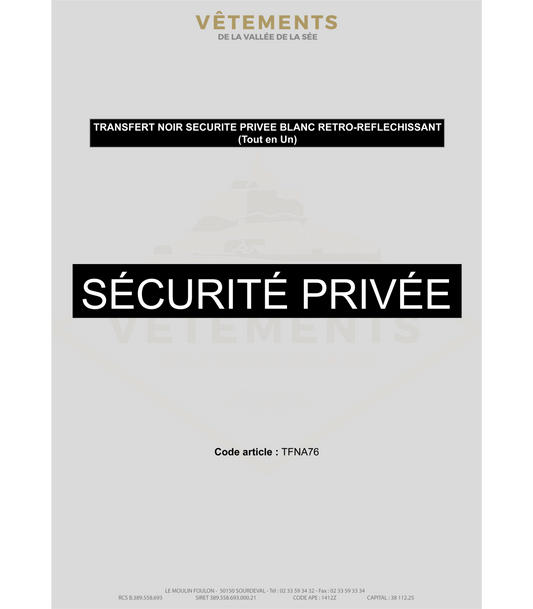 Lot de 50 TRANSFERT NOIR SECURITE PRIVEE BLANC RETRO-REFLECHISSANT (tout en un)